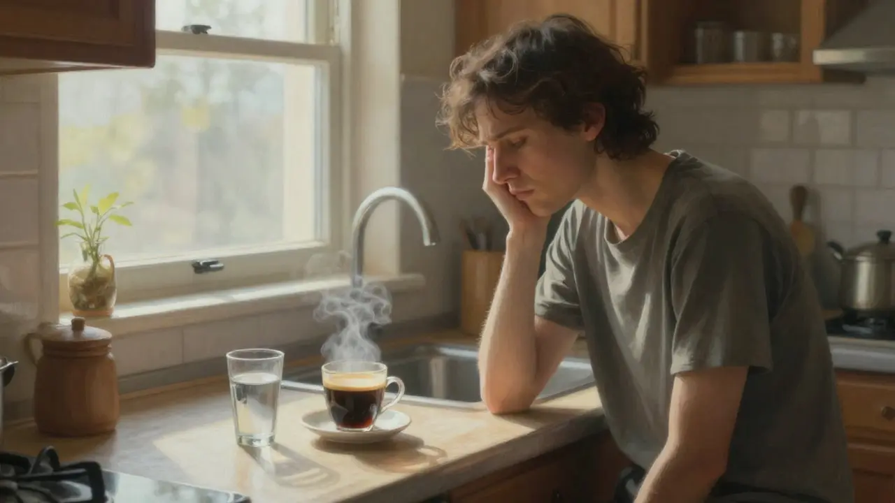 Un hombre mirando una taza de caf&eacute; y un vaso de agua. / IA.