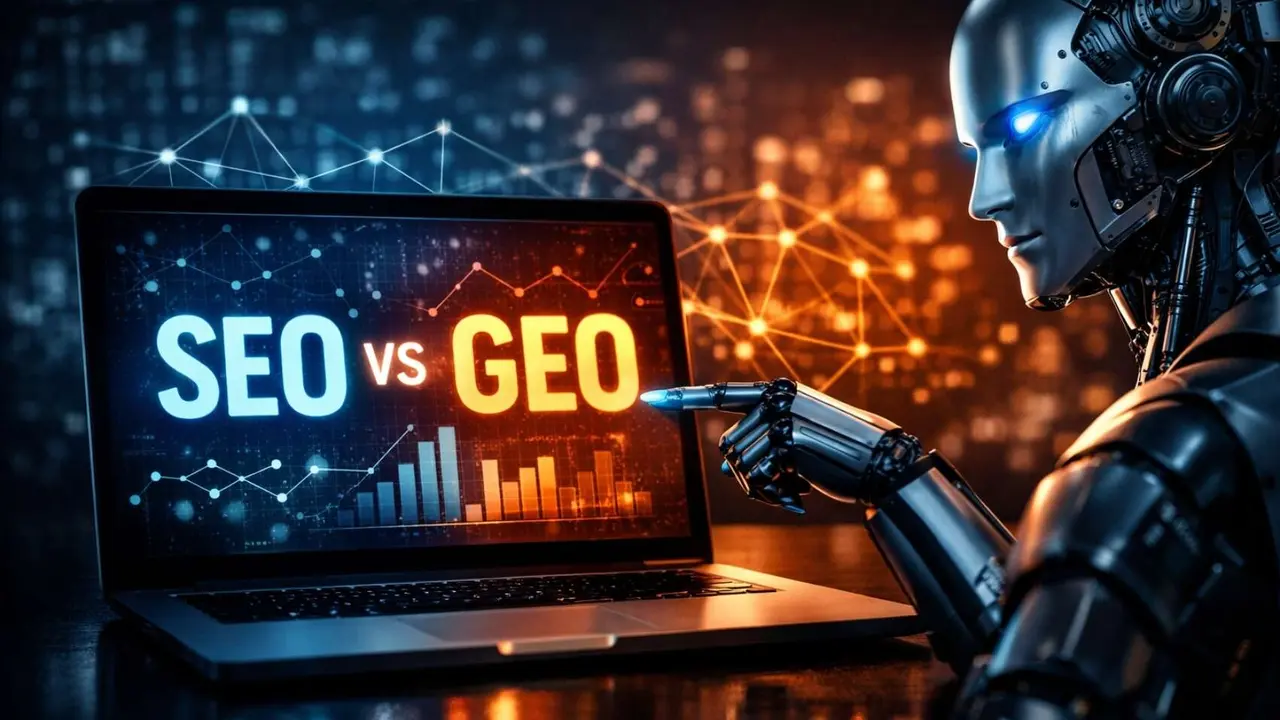 Robot apuntando a SEO vs GEO/Mundiario