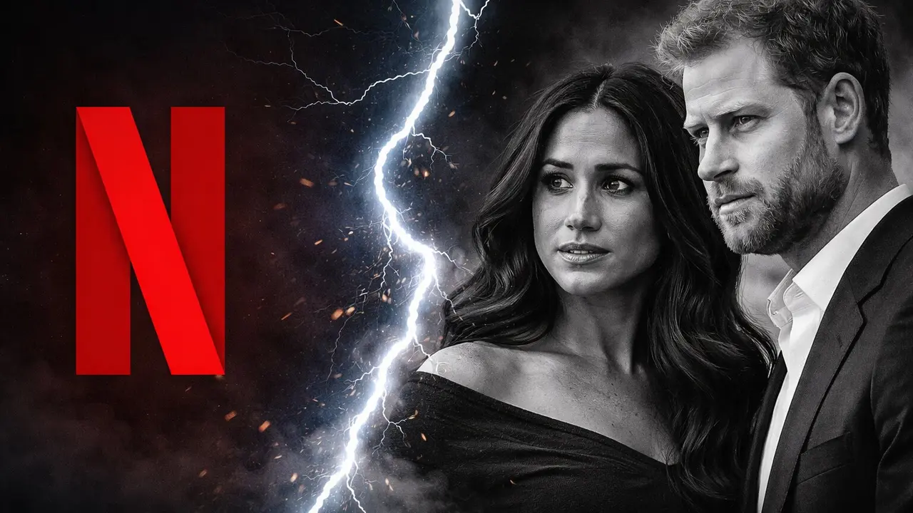 Logotipo de Netflix y los duques de Sussex, Meghan Markle y el pr&iacute;ncipe Harry. / Mundiario.