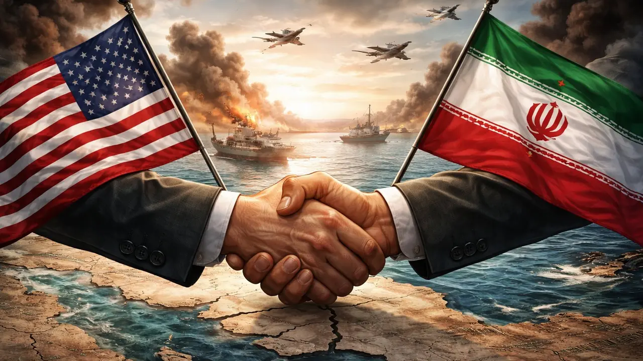 Ilustraci&oacute;n sobre el alto el fuego de dos semanas acordado por Estados Unidos e Ir&aacute;n. / Mundiario