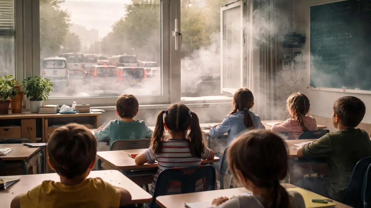 Un aula llena de estudiantes y smog. / IA.