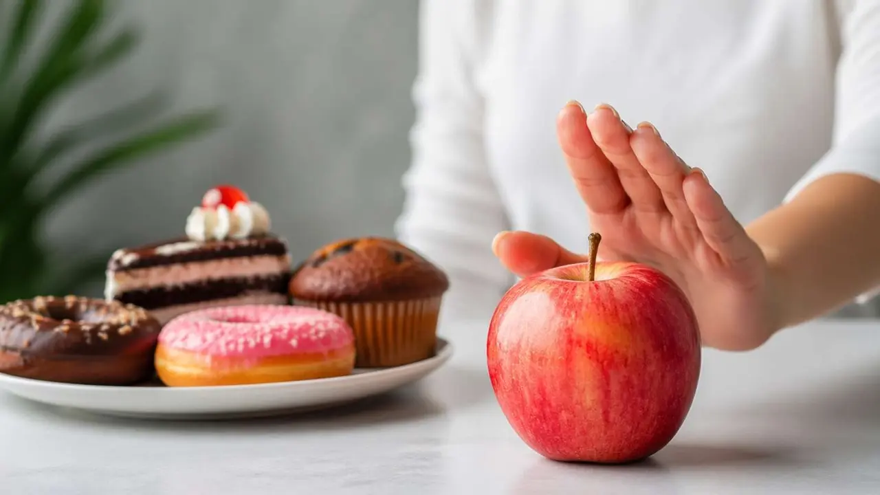 Manzana frente a tentaciones dulces. / IA.