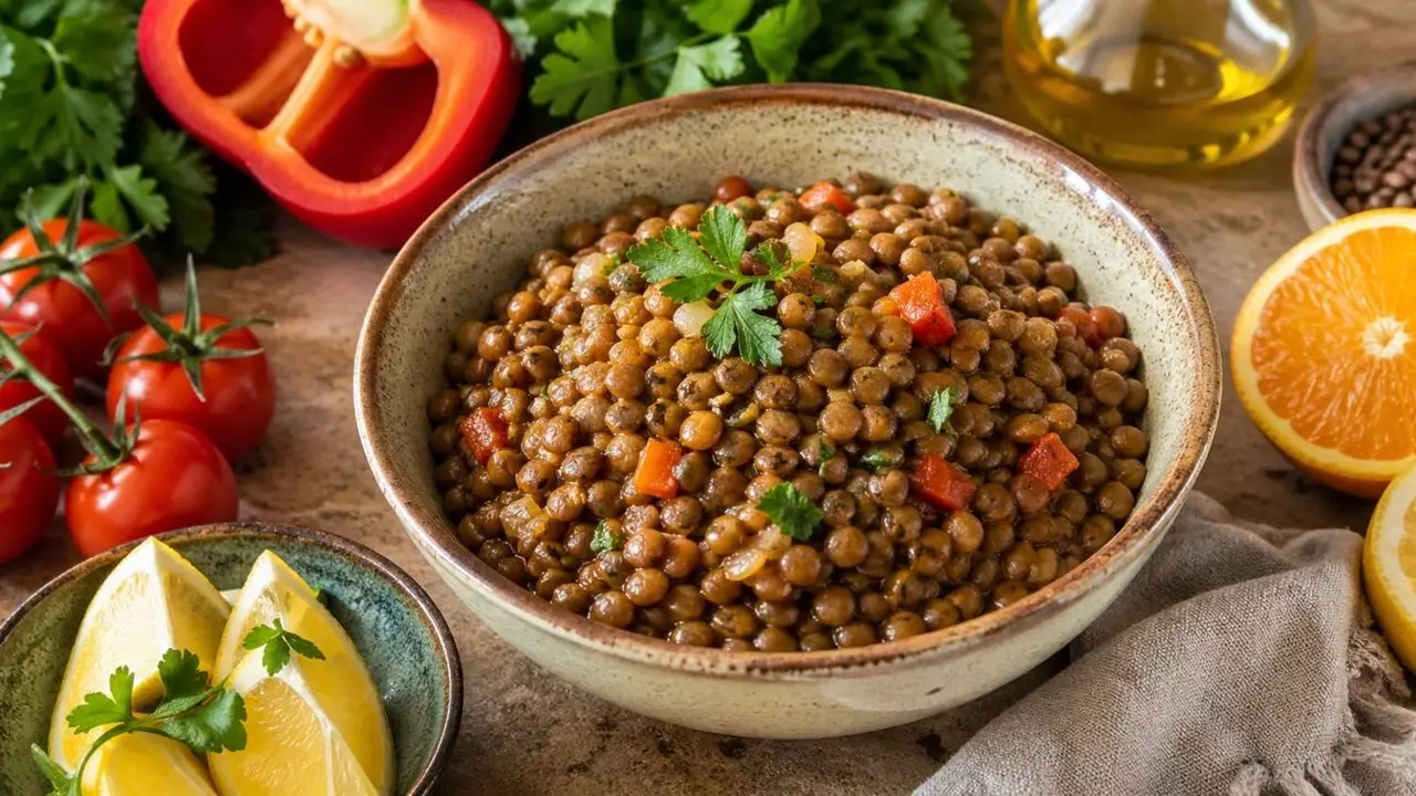 Lentejas frescas con vegetales y hierbas. / IA.