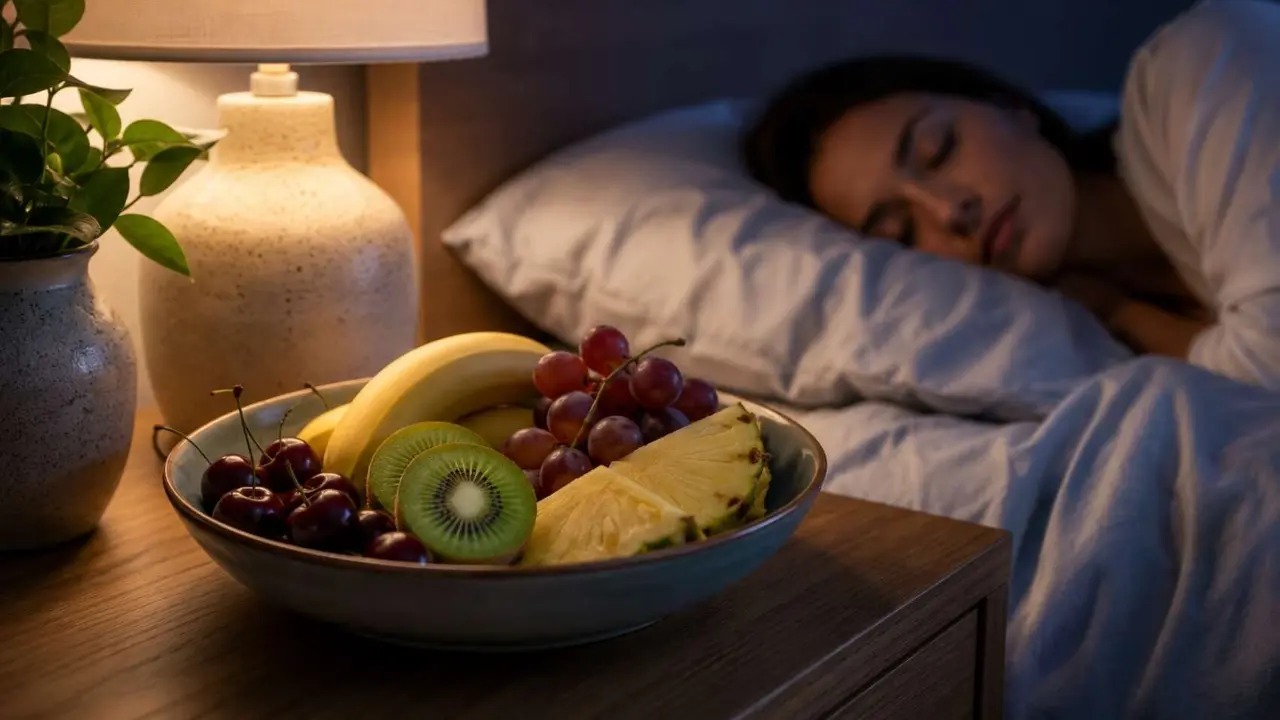 Noche tranquila con frutas y l&aacute;mpara. / IA.
