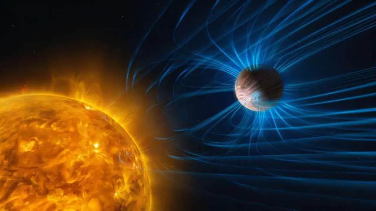 Representaci&oacute;n art&iacute;stica de un exoplaneta con campo magn&eacute;tico. / ESO-M. Kornmesser - L. Cal&ccedil;ada