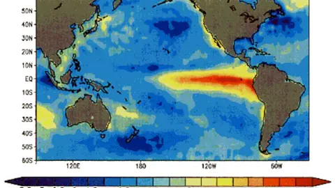 El mayor evento del siglo de El Niño fue el de 1997-98. Mapa de las temperaturas anómalas de la superficie oceánica en diciembre de 1997. / Wikipedia