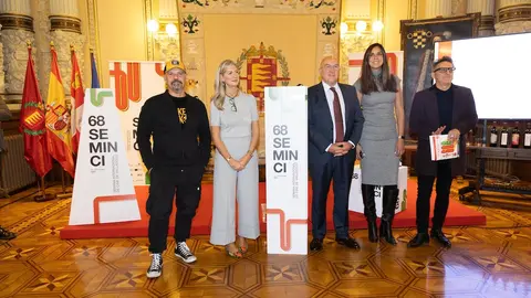 Presentación de la 68 edición de la Seminci con (de izq a drcha.) el escritor C&eacute;sar P&eacute;rez Gellida, la concejala de cultura Maria Irene Carvajal Crusat, el alcalde de Valladolid Jes&uacute;s Julio Carnero, la concejala de Turismo, Eventos y Marca Ciudad, Blanca Jim&eacute;nez, y el director de la Seminci Jos&eacute; Luis Cienfuegos. / Ayuntamiento de Valladolid
