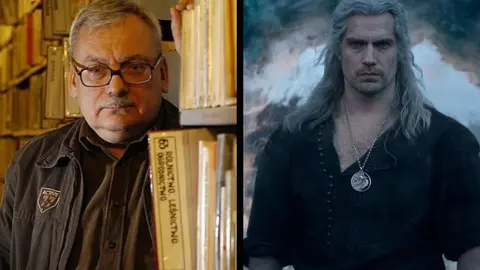 Andrzej Sapkowski, autor de la saga de The Witcher, y un fotograma de Henry Cavill en la serie de Netflix. / RR SS.