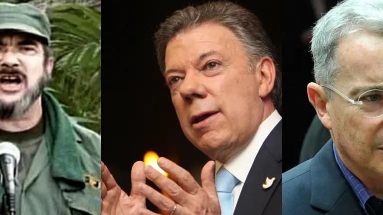 Timochenko, lider de las Farc, Santos, presidente de Colombia y Uribe, expresidente de Colombia.