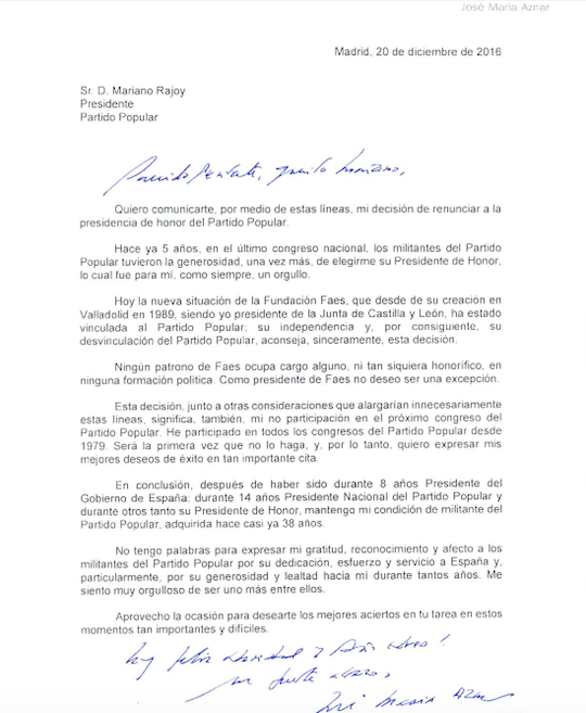 Carta de José María Aznar a Mariano Rajoy presentando su renuncia a la presidencia de honor. / José María Aznar