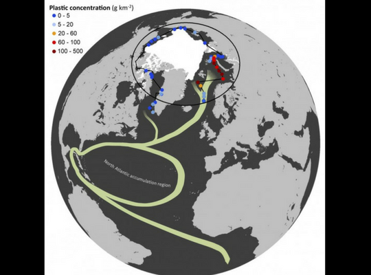 En el mapa, ubicación y concentración de los residuos plásticos. El área blanca muestra la extensión del casquete polar en agosto de 2013 y en verde los giros oceánicos