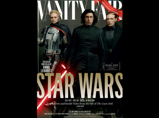 Gwendoline Christie, actriz; Adam Driver, actor; y Domhnall Gleeson, actor. Vanity Fair.