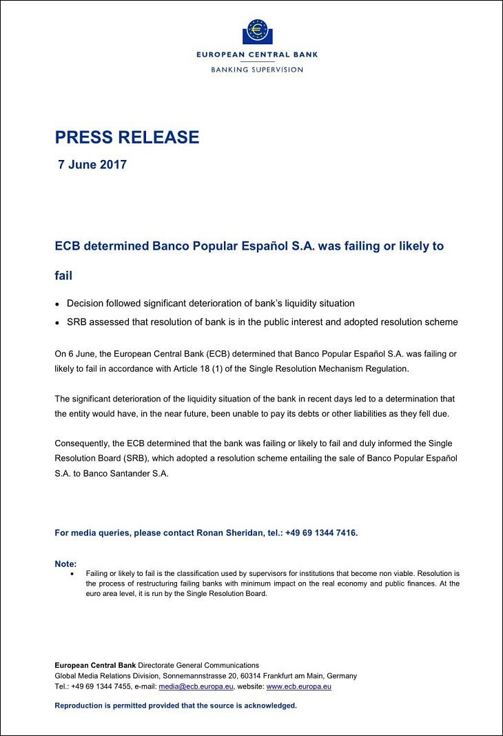 Comunicado del BCE sobre el Banco Popular. / Mundiario