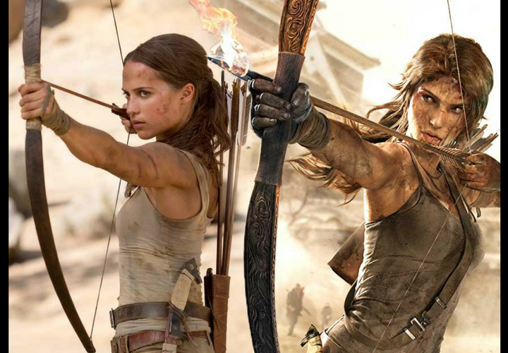 Alicia Vikander como Lara Croft, y el personaje el videojuego del 2013.