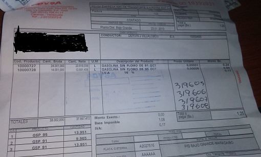 Factura con el coste oficial por un camión cisterna con combustible. (interna)