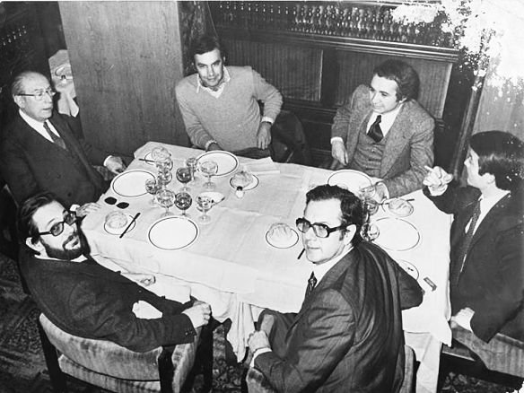 Enrique Tierno, Felipe González, Gurriarán, Enrique Barón, Raúl Morodo y Javier Solana.