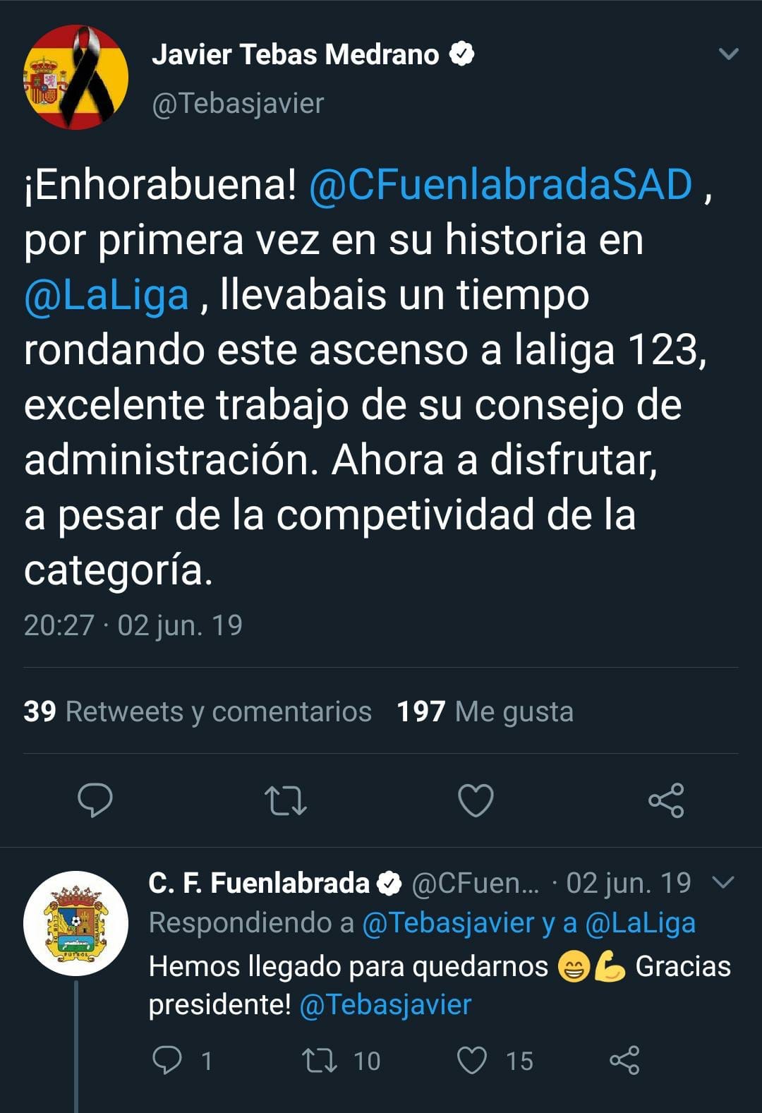 La pasión de Tebas por el Fuenlabrada –correspondida por su presidente– viene de atrás. / Twitter