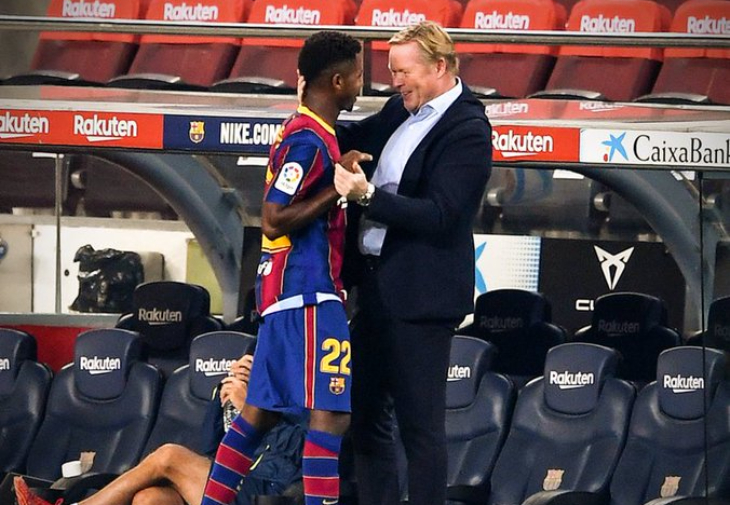 Ansu Fati, futbolista,y Ronald Koeman, entrenador del Barça. / RRSS.