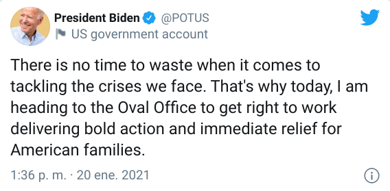 El primer tuit de Joe Biden como presidente de Estados Unidos. / Twitter @POTUS