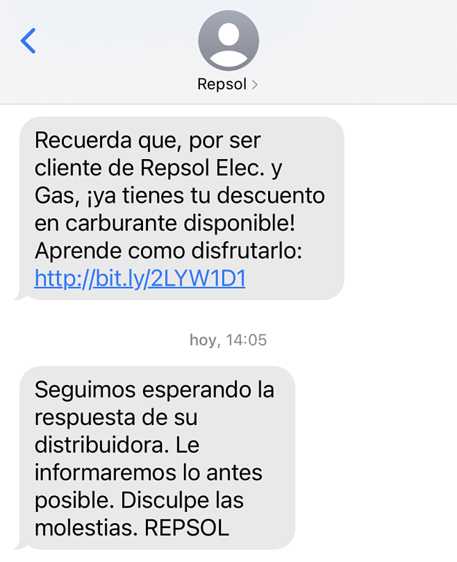 SMS de Repsol en el que afea el comportamiento de UFD, de Naturgy. / Mundiario