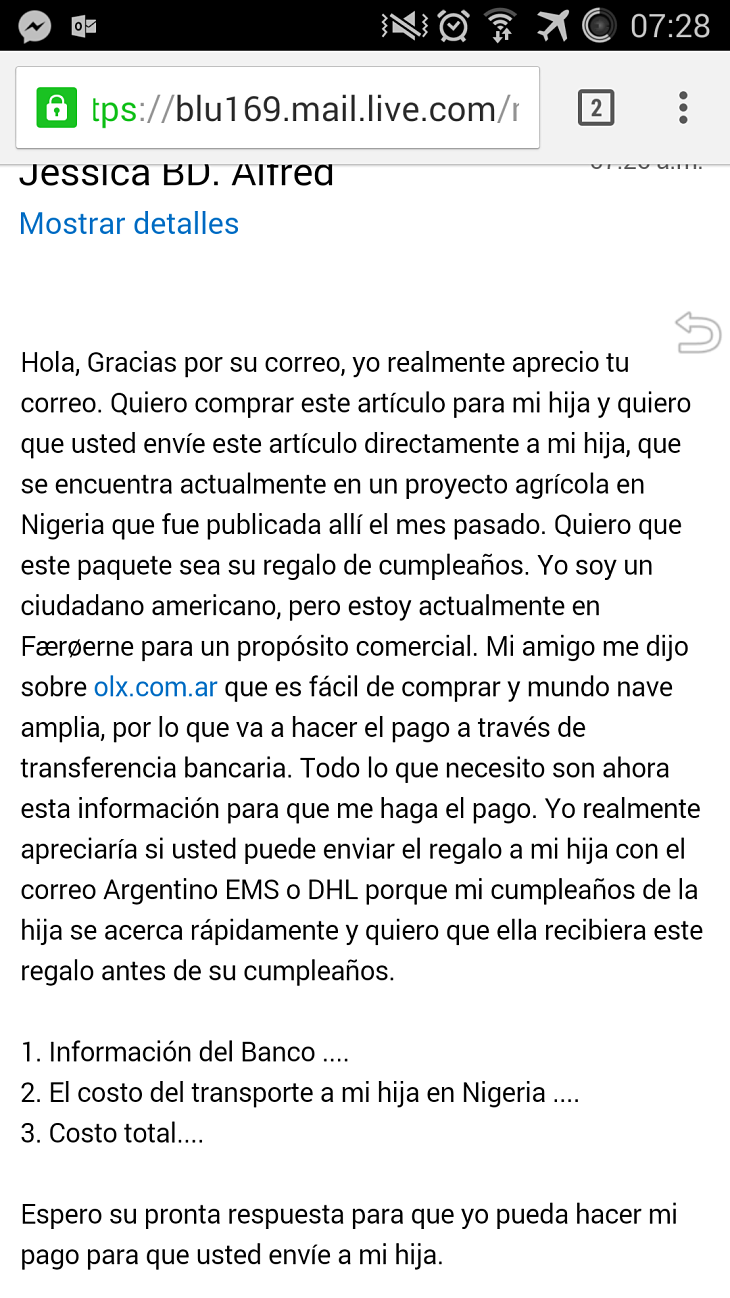 Correo electrónico de un estafador. /RRSS