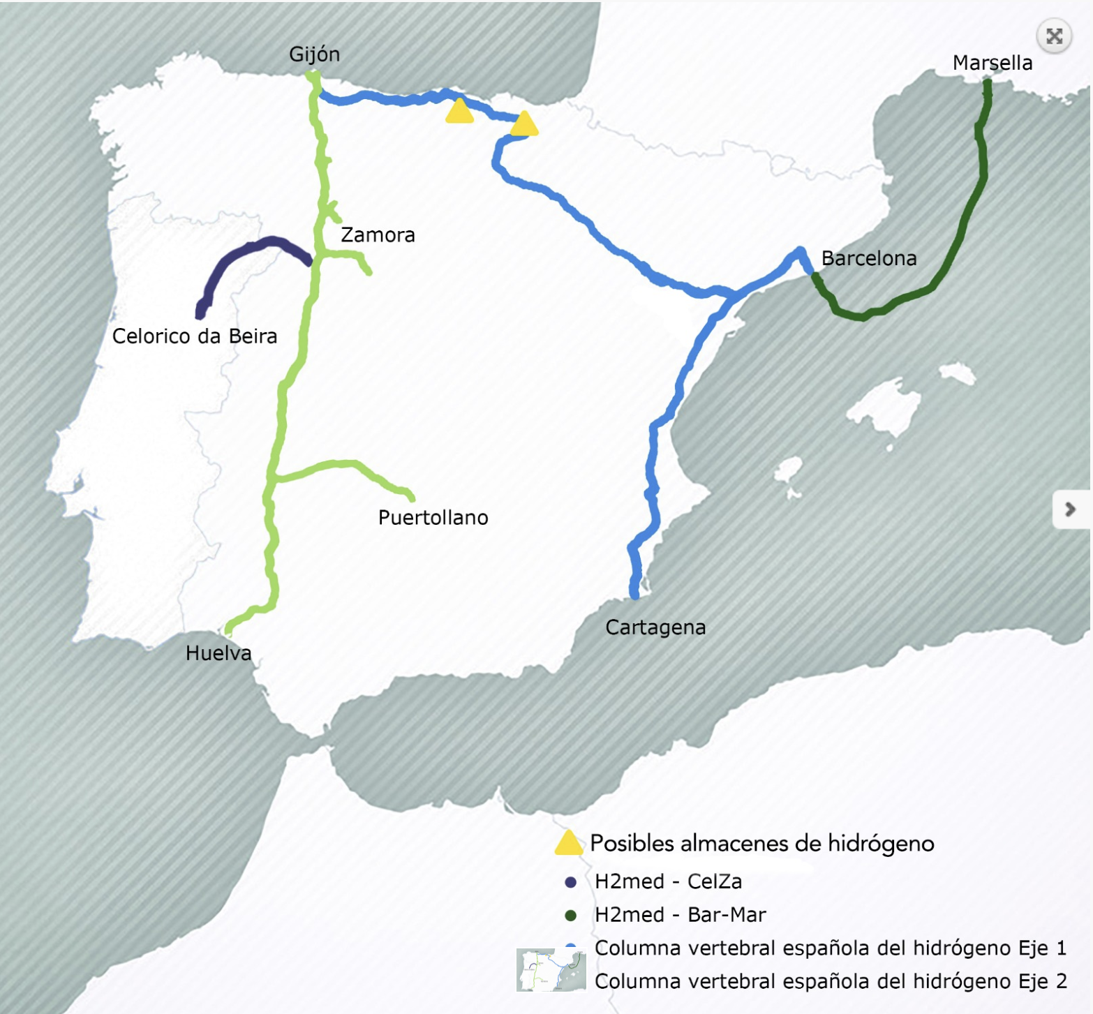 Mapa del hidrógeno en la península. / Gobierno de España