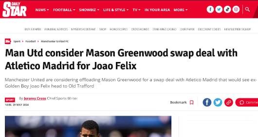 Daily Star habla sobre el cambio que ofrece el Atlético de Madrid al Manchester United. / www.dailystar.co.uk