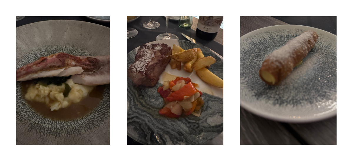 Los productos frescos como el salmonete y la carne y un delicioso postre. / M.M.