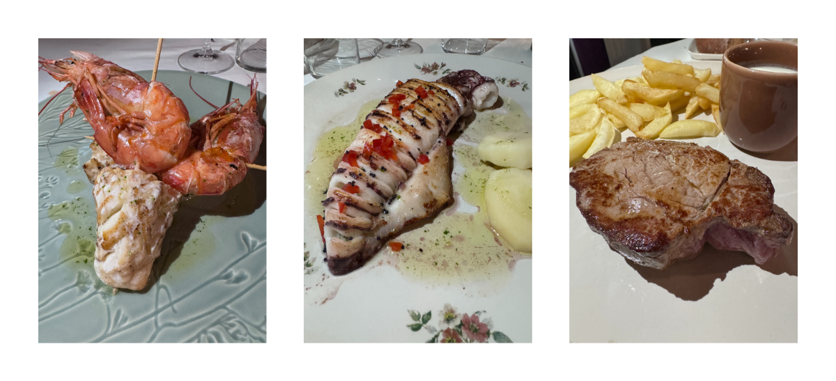 Brocheta de rape y langostinos, calamar a la plancha y solomillo. / M.M.