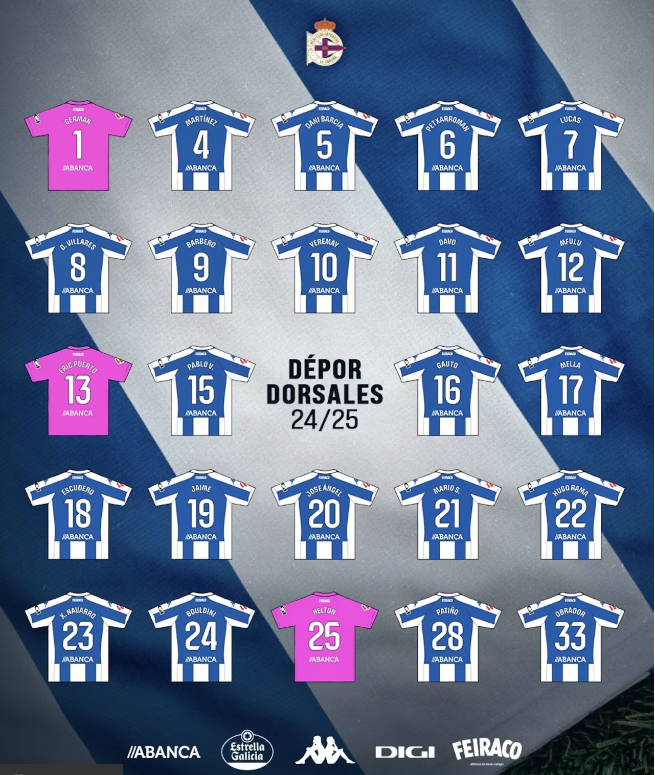 Dorsales del Deportivo de La Coruña para la temporada 24/25. / RCD