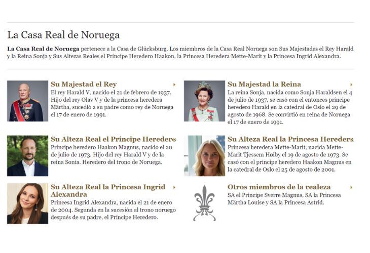 Imagen de la página web de la Casa Real de Noruega con los recientes cambios. / Captura de www.royalcourt.no.