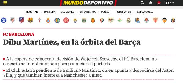 Publicación de Mundo Deportivo que habla sobre el presunto interés del Barça y el United en fichar a Dibu Martínez   www.mundodeportivo.com