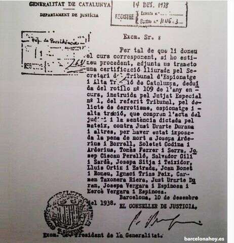 Confirmación de pena de muerte, firmada por Companys.