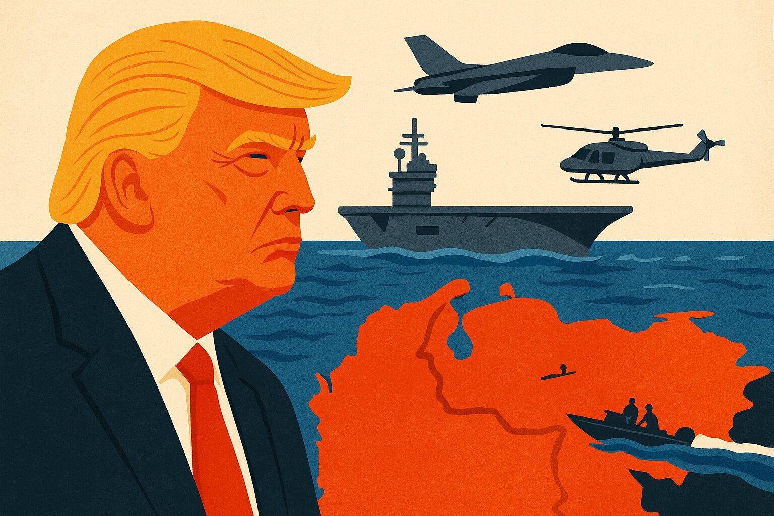 Ilustración sobre Trump y la tensión militar ante Venezuela. / Mundiario