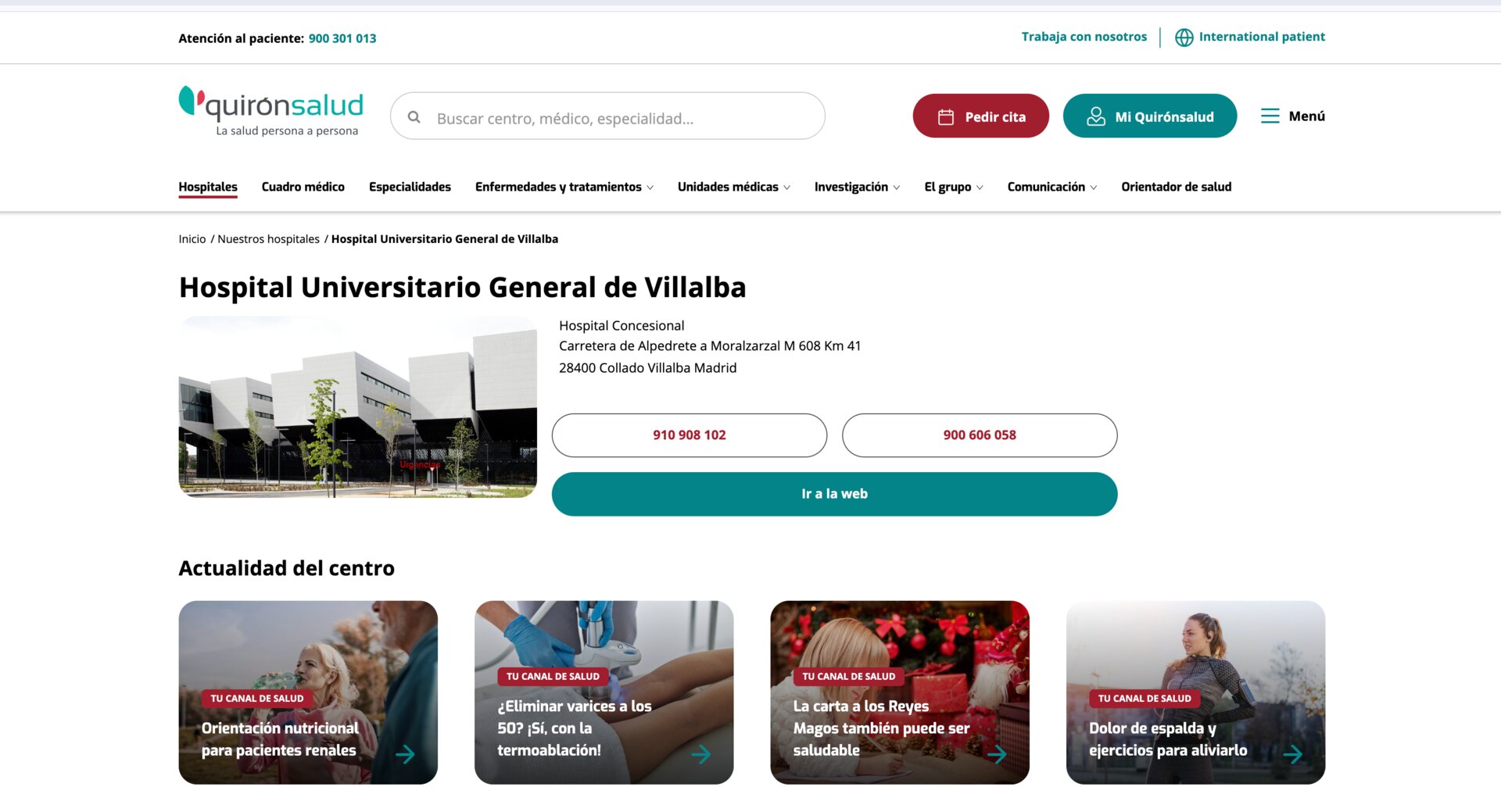 Web del Hospital de Villalba, en Collado Villalba. / Quironsalud