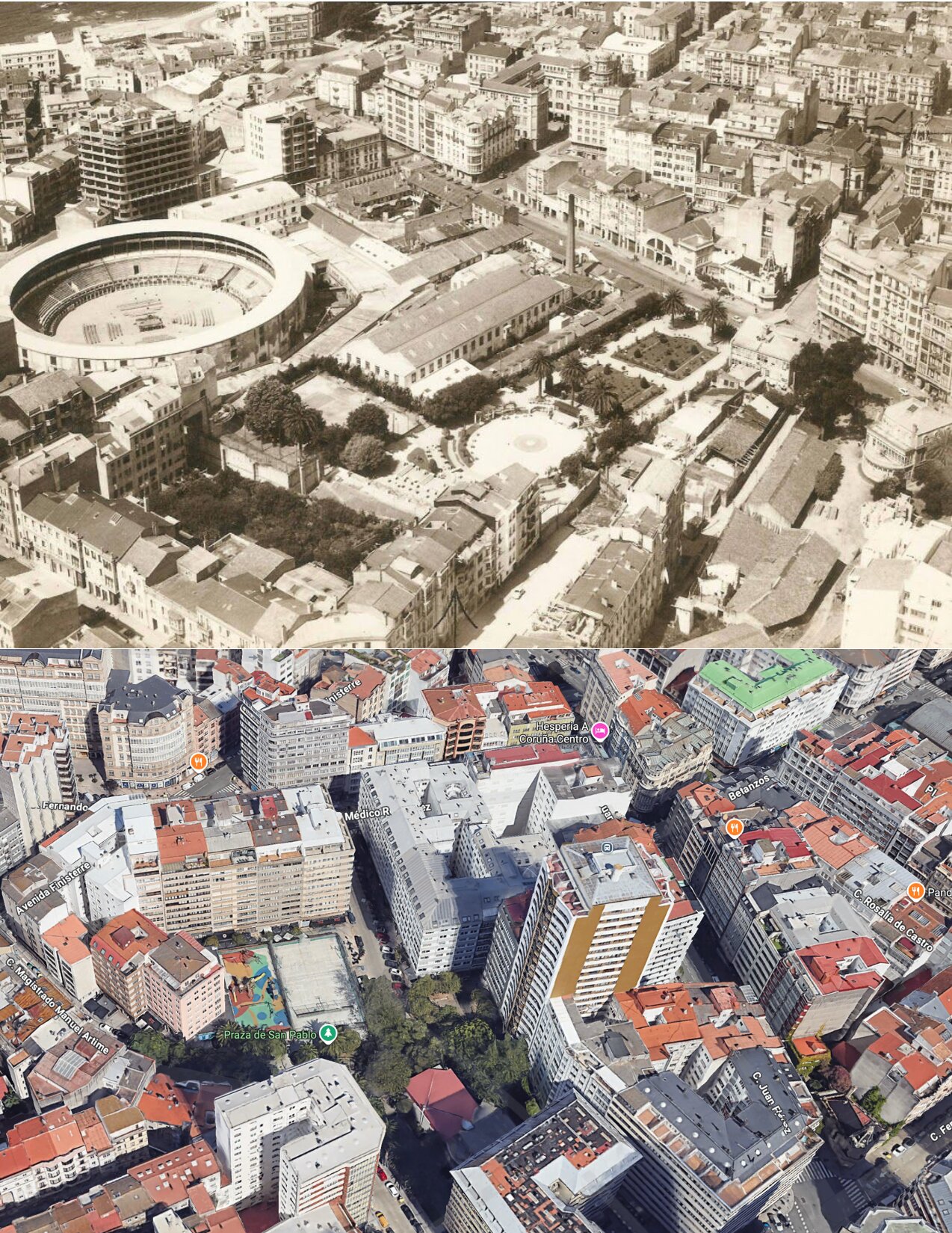 Arriba, la antigua plaza de toros de A Coruña, donde ahora confluyen las calles Médico Rodríguez y avenida de Finisterre. Debajo, la misma zona con la calle Juan Flórez a la derecha. / Facebook y Google Maps