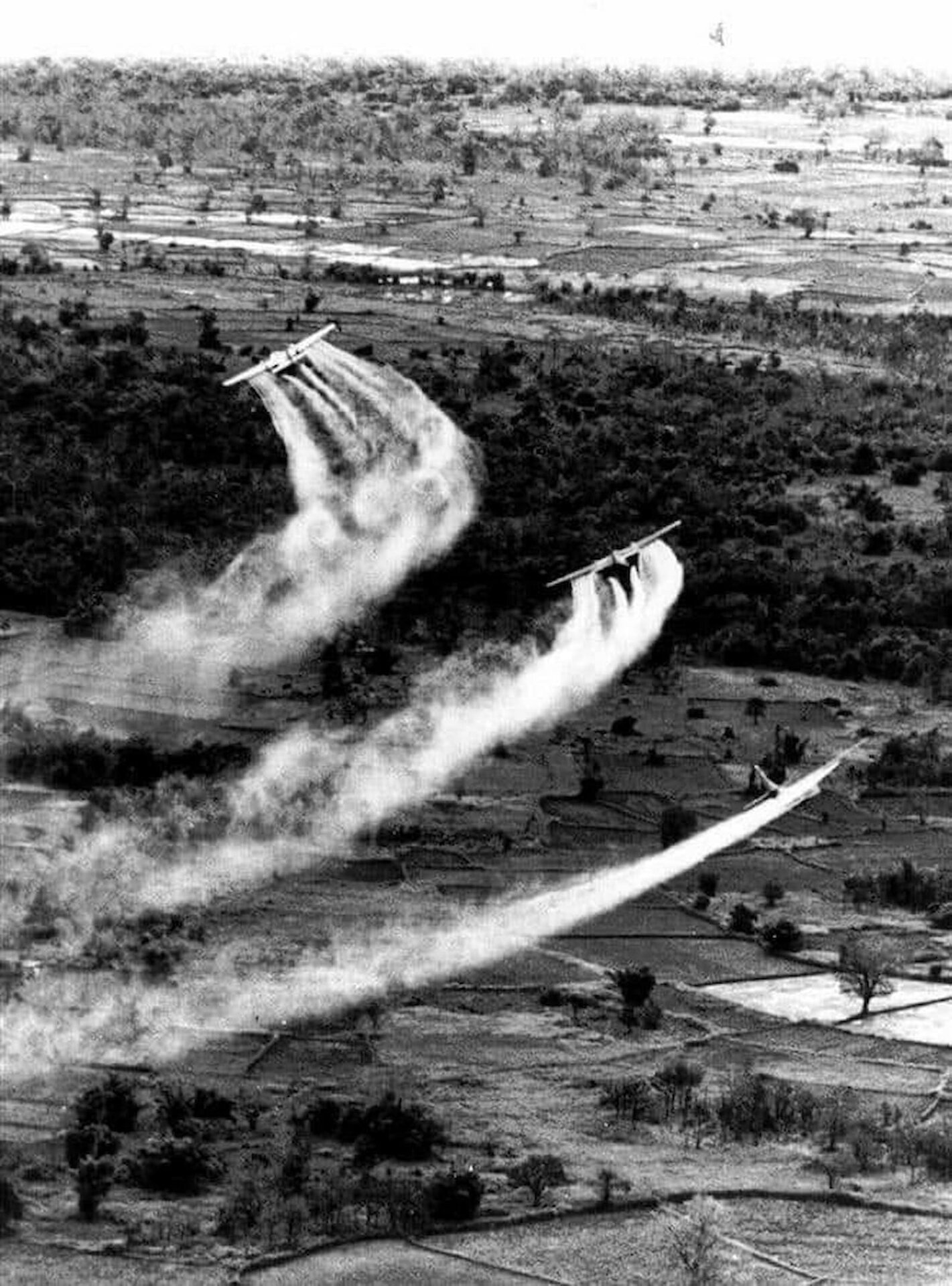 Uno de los elementos más crueles  de la guerra de Vietnam  fue el Agente Naranja, un herbicida rociado en millones de galones para defoliar las junglas, por la aviación de Estados Unidos. / RR SS.