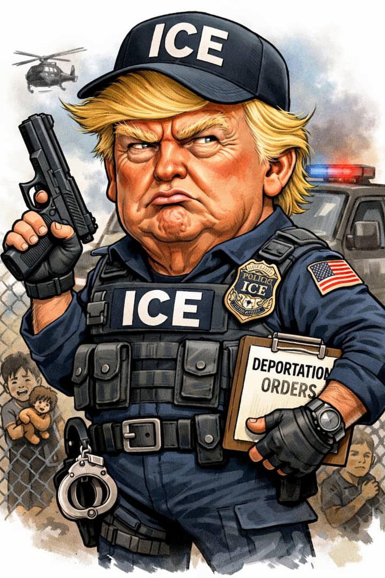 Dibujo satírico de Trump y su  politica antiinmigrante. / IA.